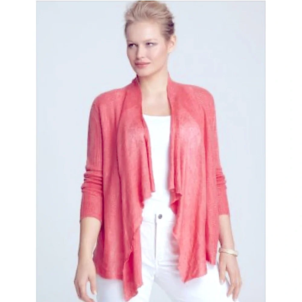 Eileen Fisher 100% Organic Linen Flora Cardigan Coral Angled Open Front 2X EUC